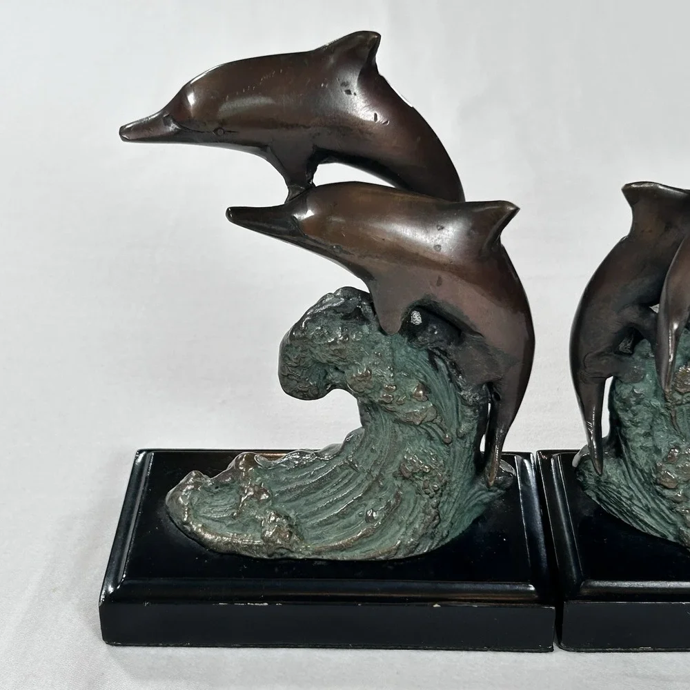Vintage Brass Pair Of Dolphin Bookends Collectable Decor Figurines Waves MCM